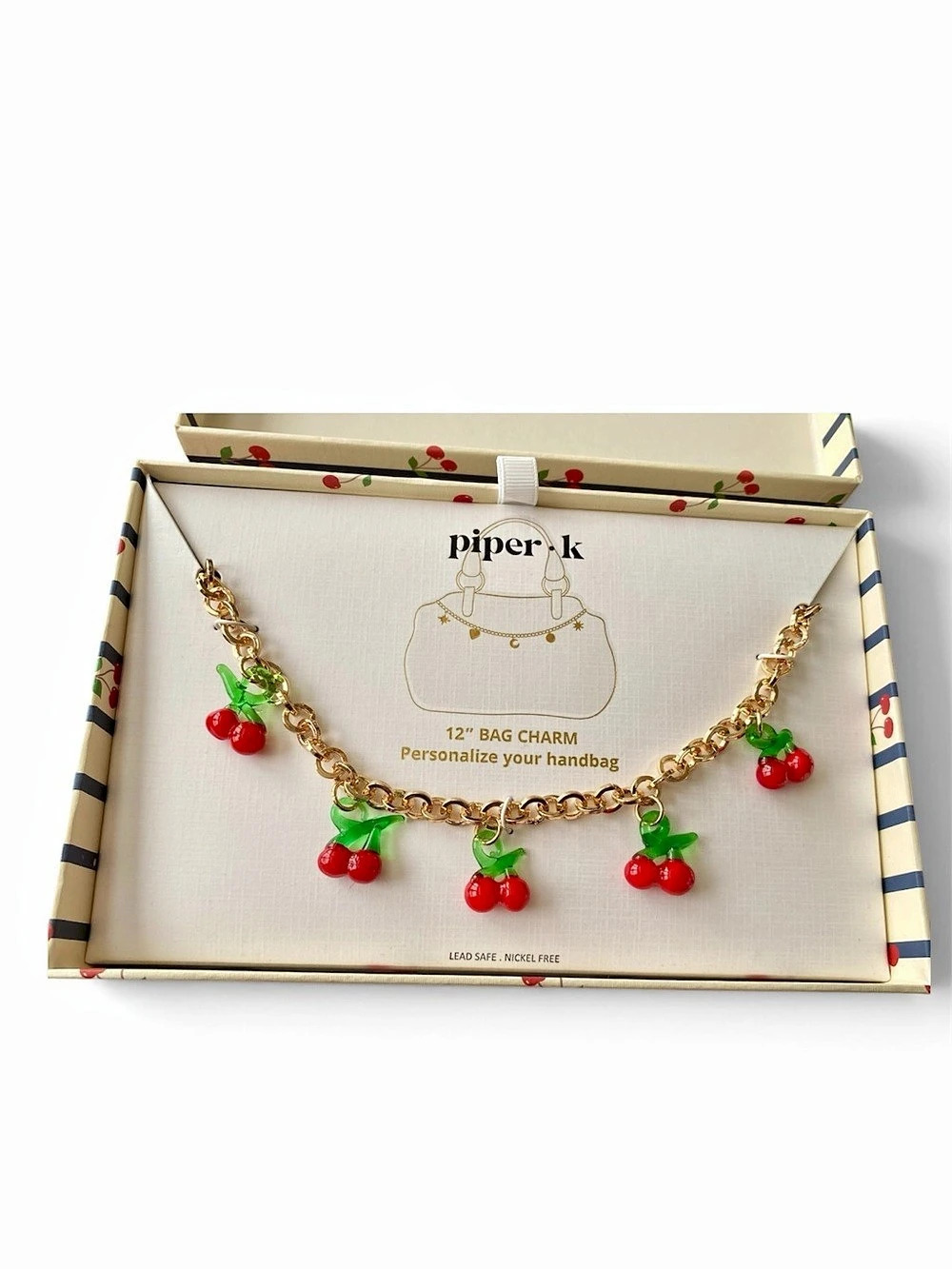 piper.k 12" Chain & Cherries Bag Charm in Gold & 32Red NWT